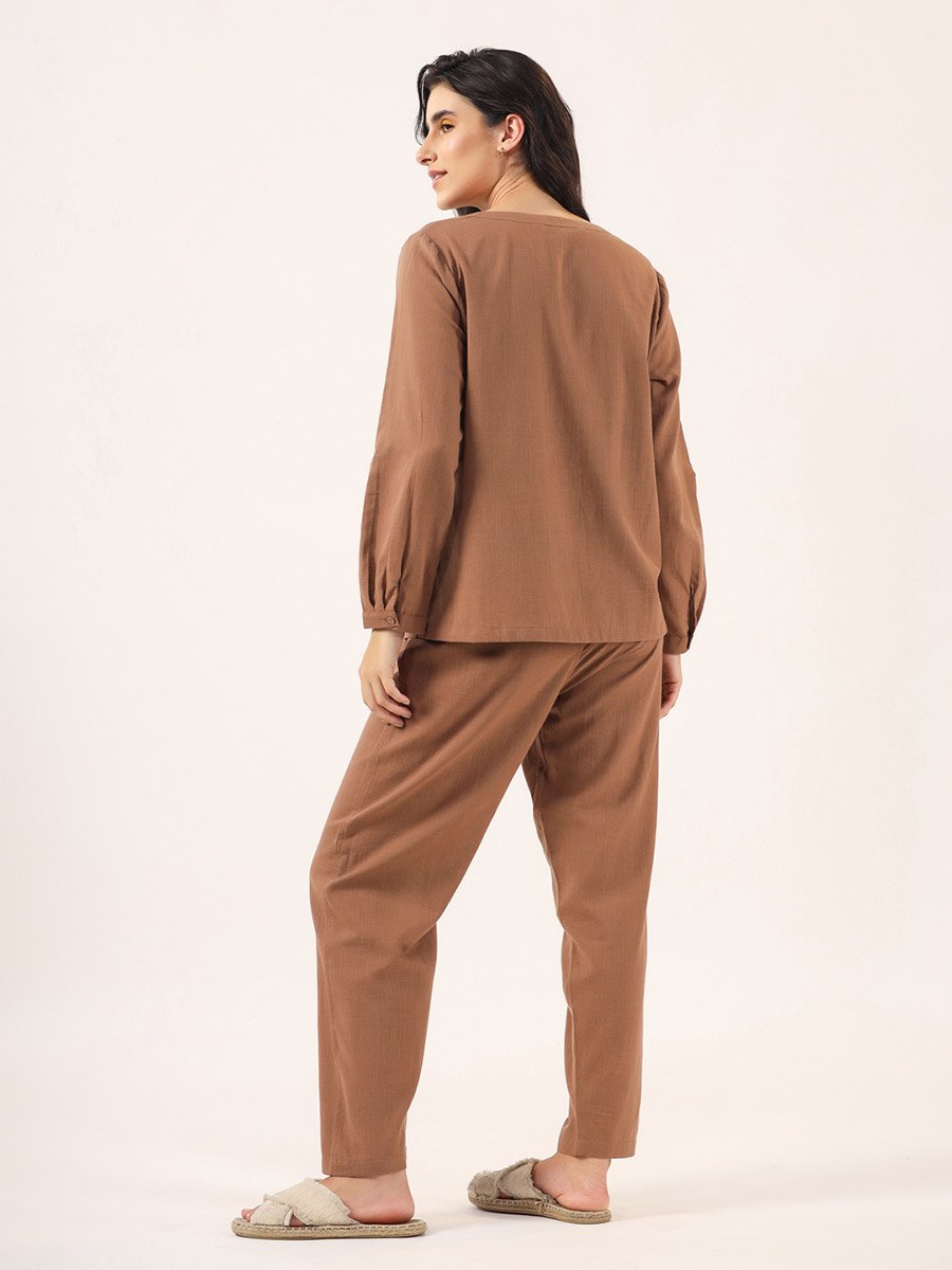 Heart Pocket Detail Cotton Slub Shirt and Pyjama Set 