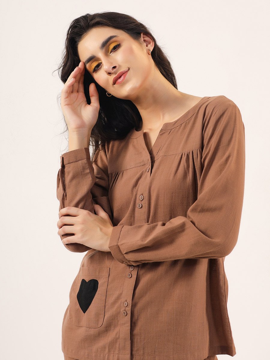 Heart Pocket Detail Cotton Slub Shirt and Pyjama Set 