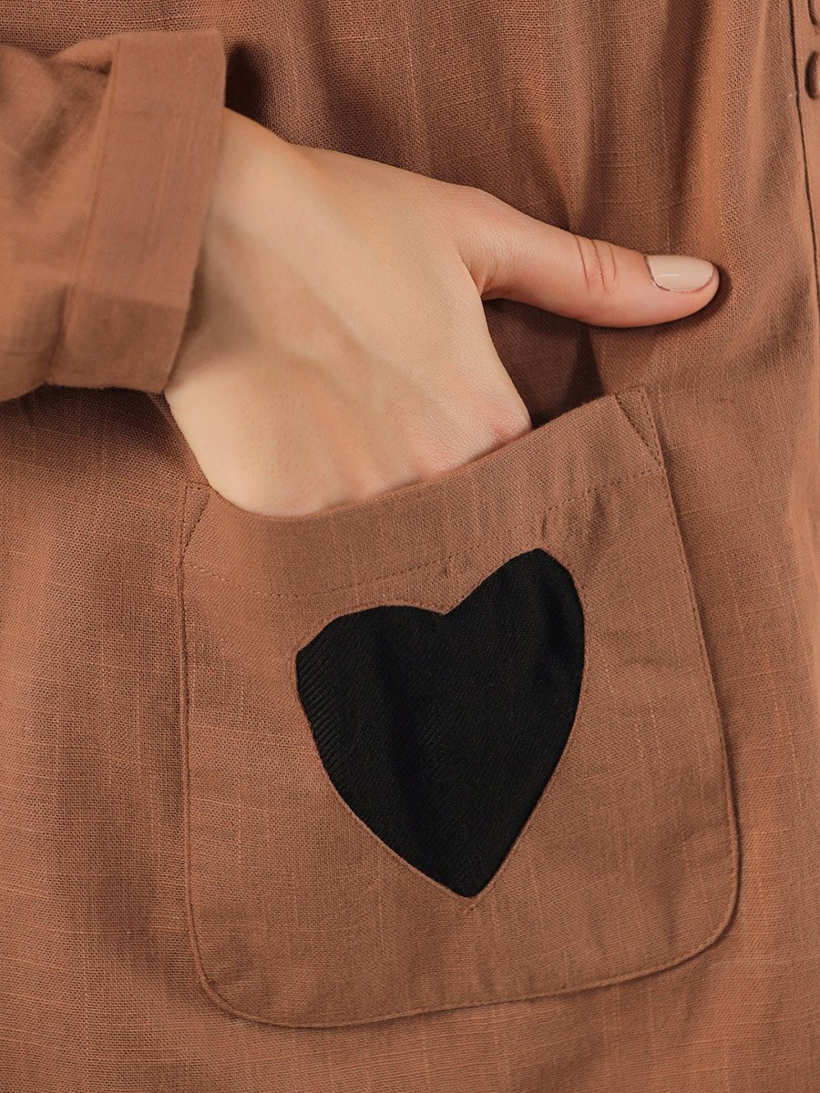 Heart Pocket Detail Cotton Slub Shirt and Pyjama Set 