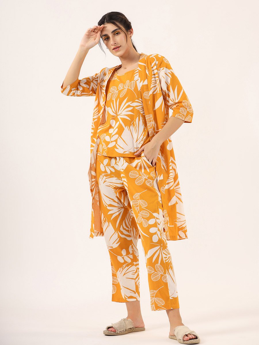 Floral Print Pure Cotton Cami, Robe and Pyjama Set