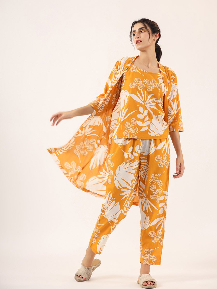 Floral Print Pure Cotton Cami, Robe and Pyjama Set