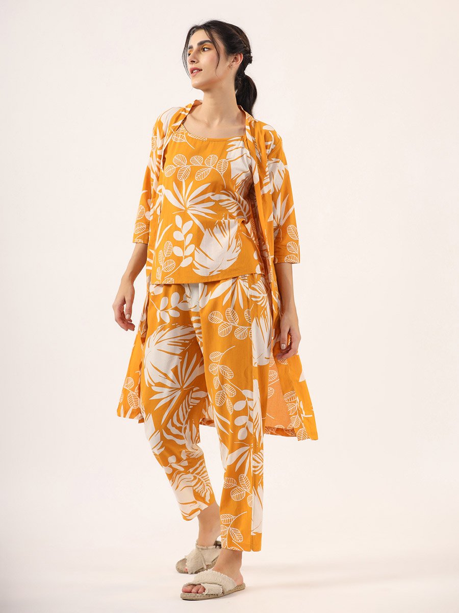 Floral Print Pure Cotton Cami, Robe and Pyjama Set