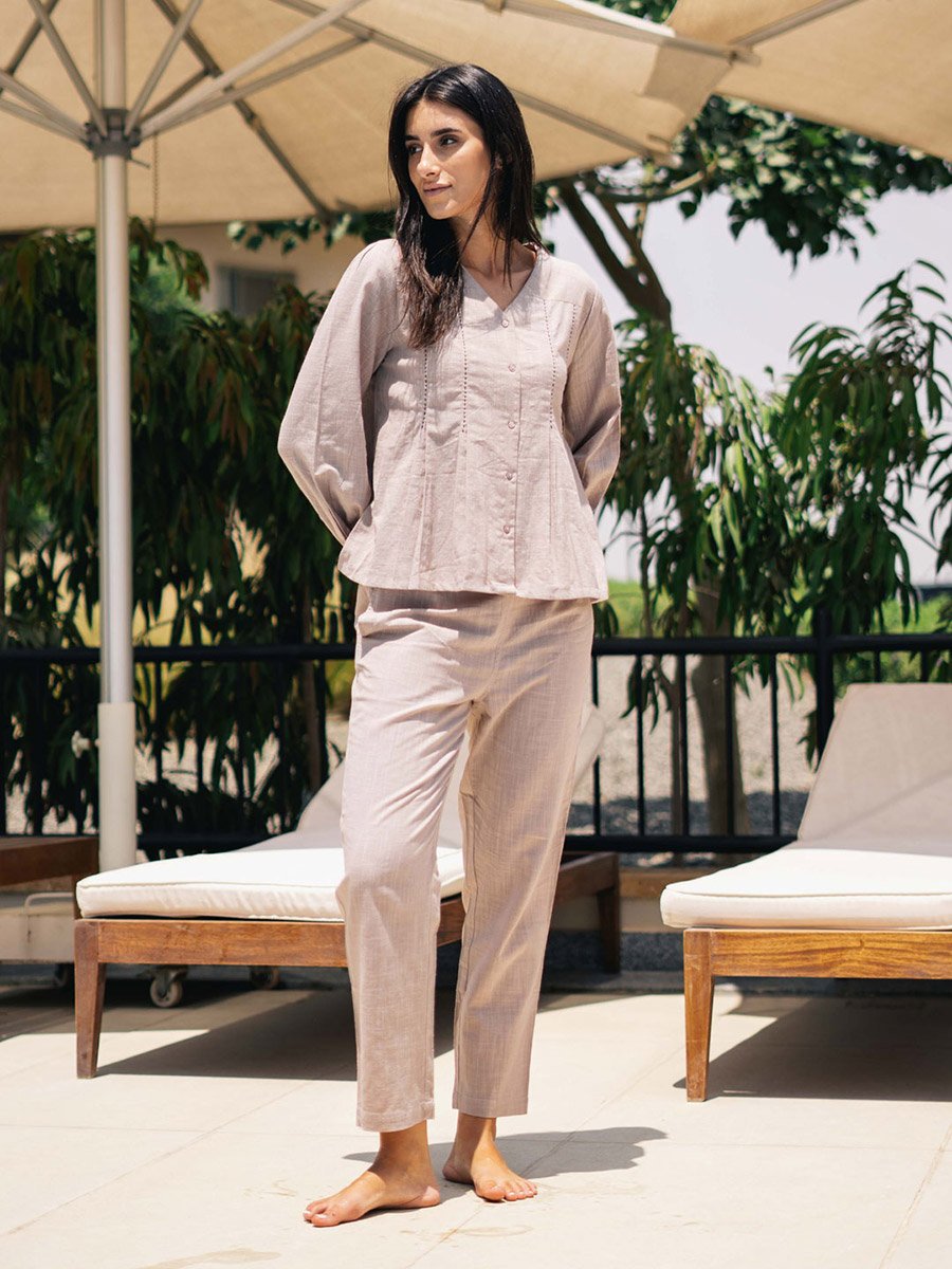 Women Solid V Neck Pure Cotton Shirt and Pyjama Set