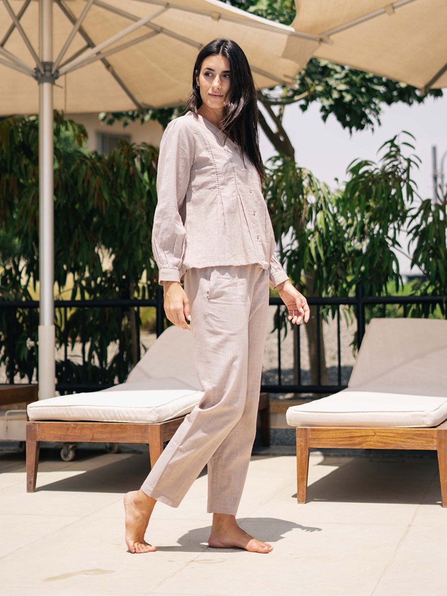Women Solid V Neck Pure Cotton Shirt and Pyjama Set