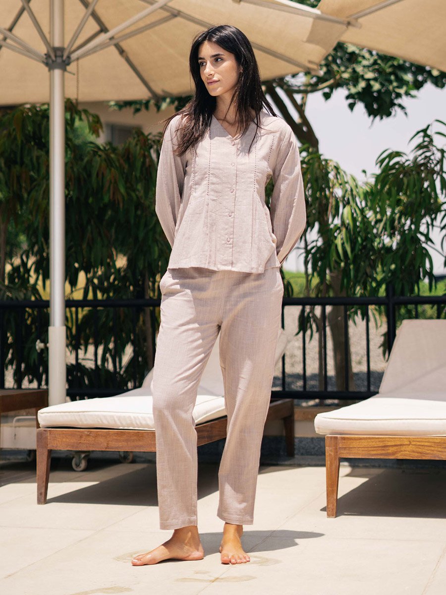 Women Solid V Neck Pure Cotton Shirt and Pyjama Set