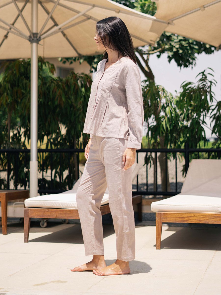 Women Solid V Neck Pure Cotton Shirt and Pyjama Set