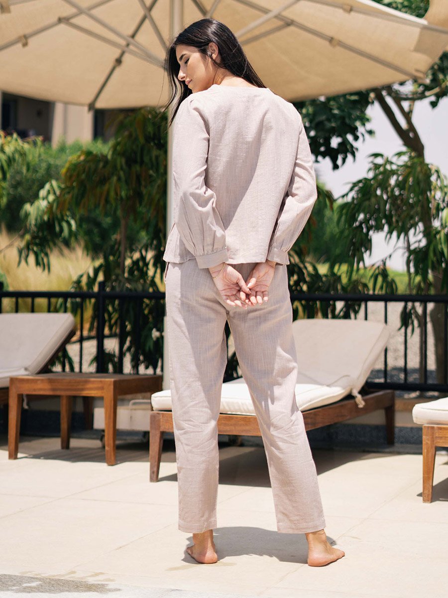 Women Solid V Neck Pure Cotton Shirt and Pyjama Set