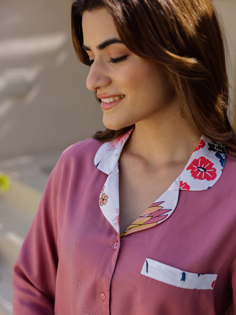 Women Solid Notch Lapel Shirt and Pyjama Set