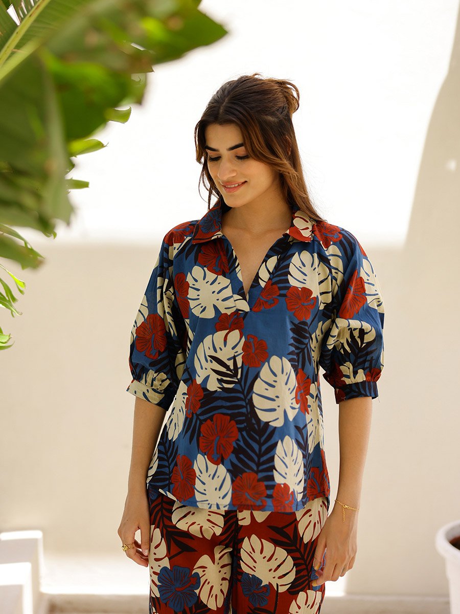 Women Tropical Printed Pure Cotton Top and Pyjama Set