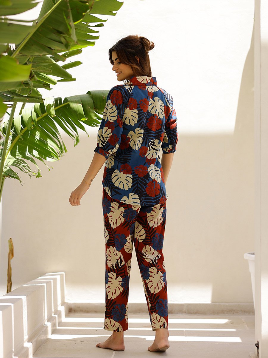 Women Tropical Printed Pure Cotton Top and Pyjama Set