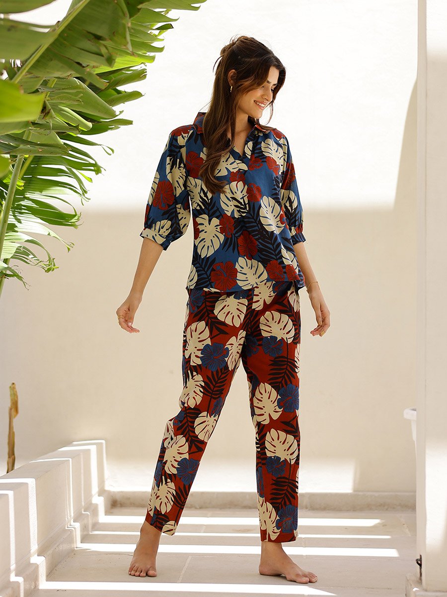 Women Tropical Printed Pure Cotton Top and Pyjama Set