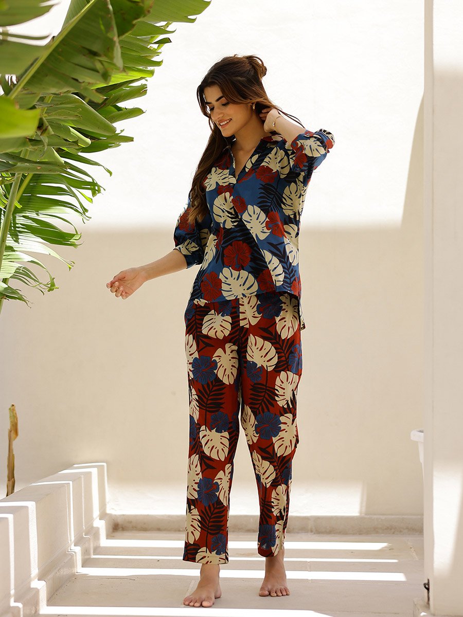 Women Tropical Printed Pure Cotton Top and Pyjama Set