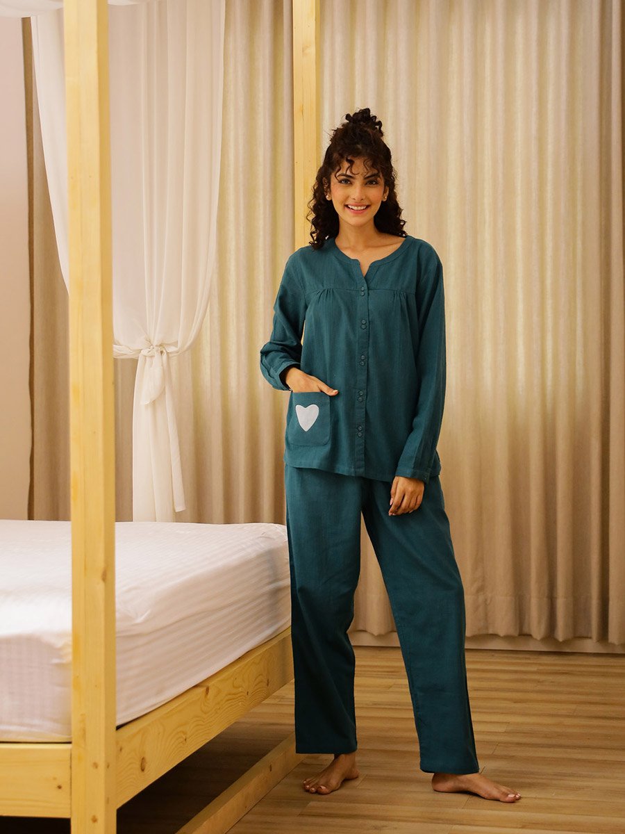 Heart Pocket Detail Cotton Slub Shirt and Pyjama Set 