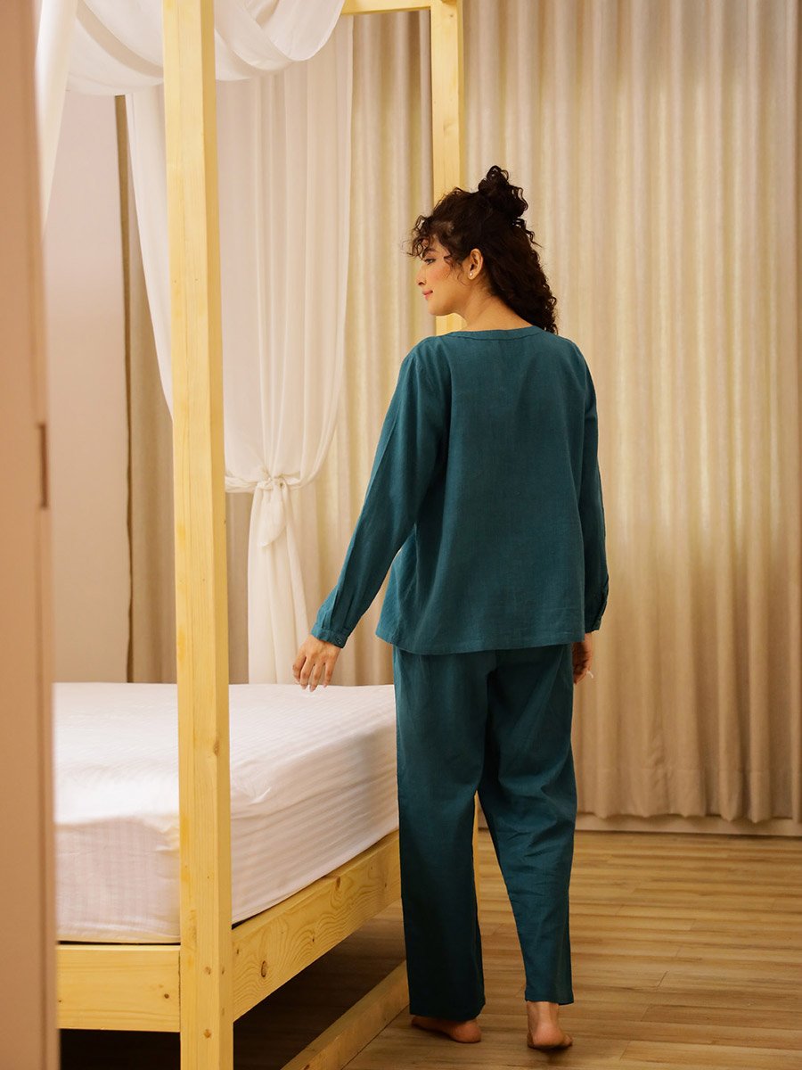 Heart Pocket Detail Cotton Slub Shirt and Pyjama Set 