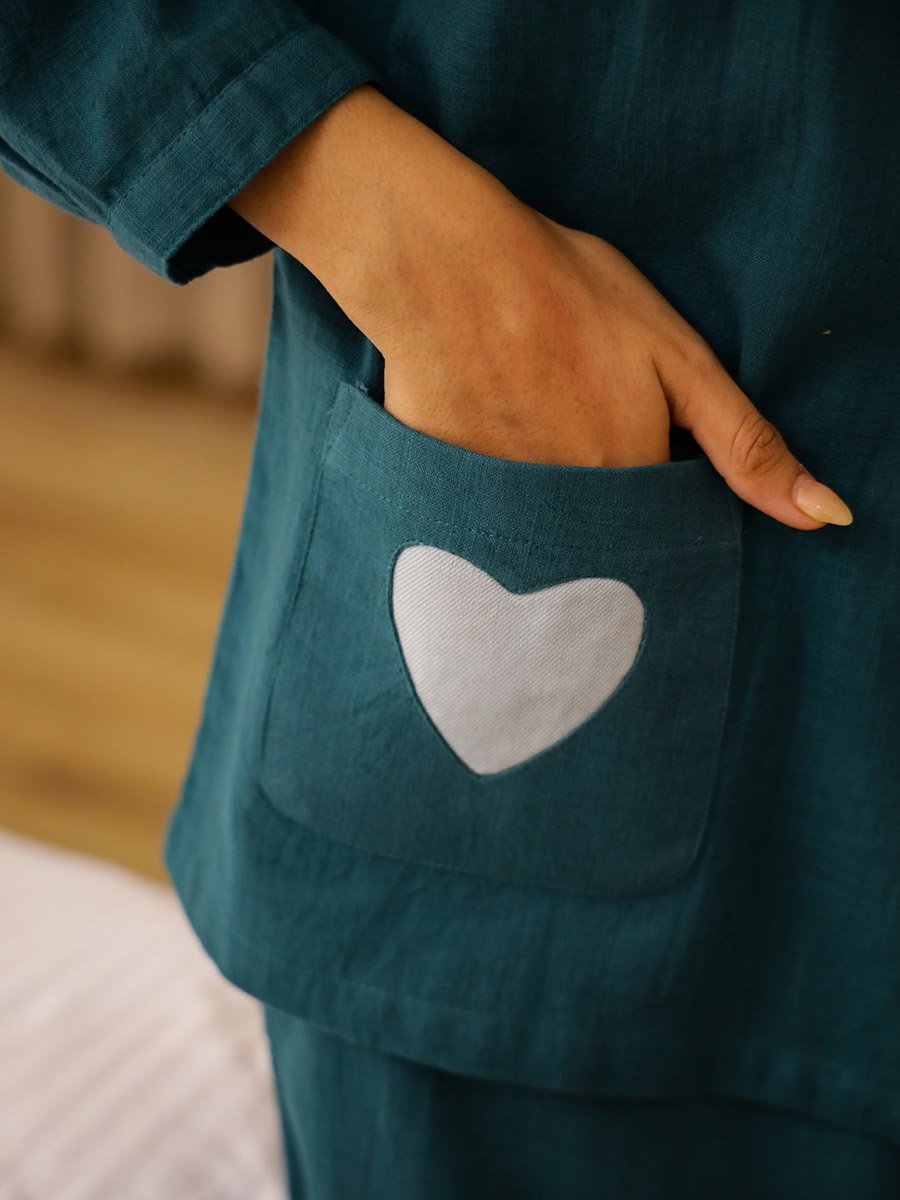 Heart Pocket Detail Cotton Slub Shirt and Pyjama Set 
