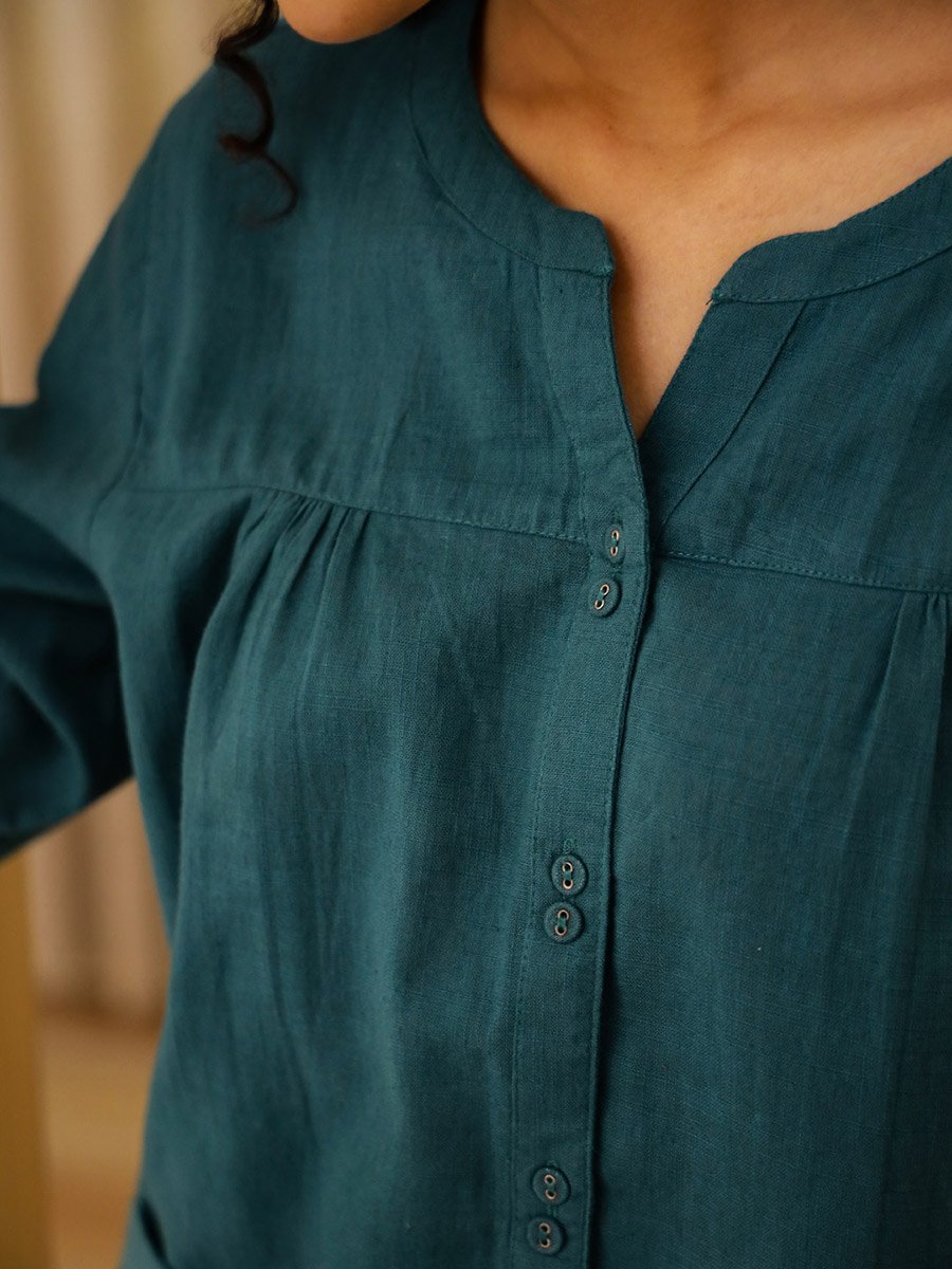 Heart Pocket Detail Cotton Slub Shirt and Pyjama Set 