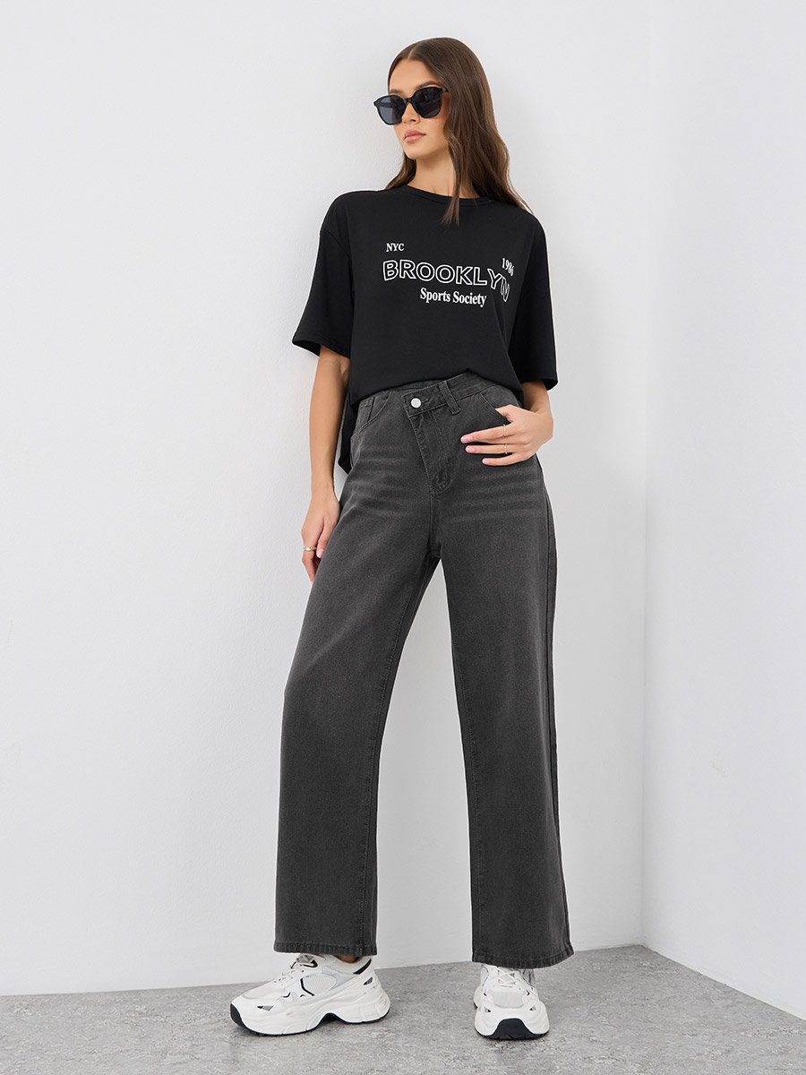 Women Black Wide Leg Jeans with Cross Waistband