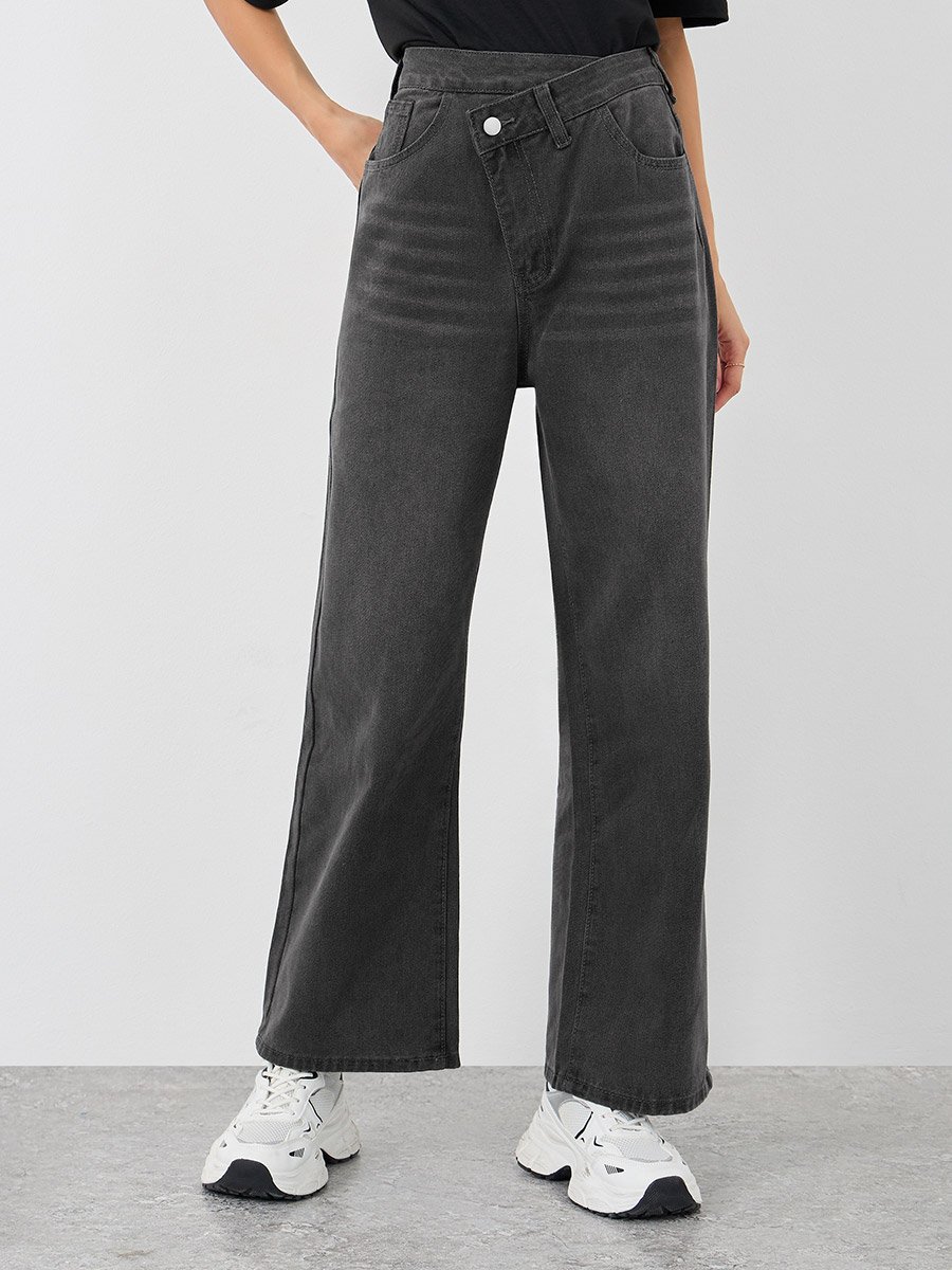 Women Black Wide Leg Jeans with Cross Waistband