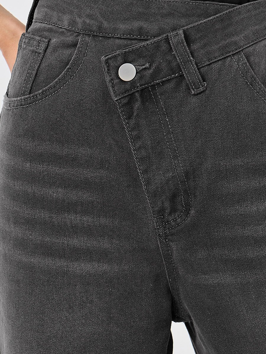 Women Black Wide Leg Jeans with Cross Waistband