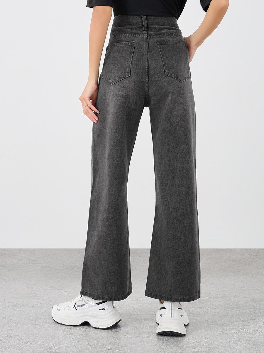 Women Black Wide Leg Jeans with Cross Waistband