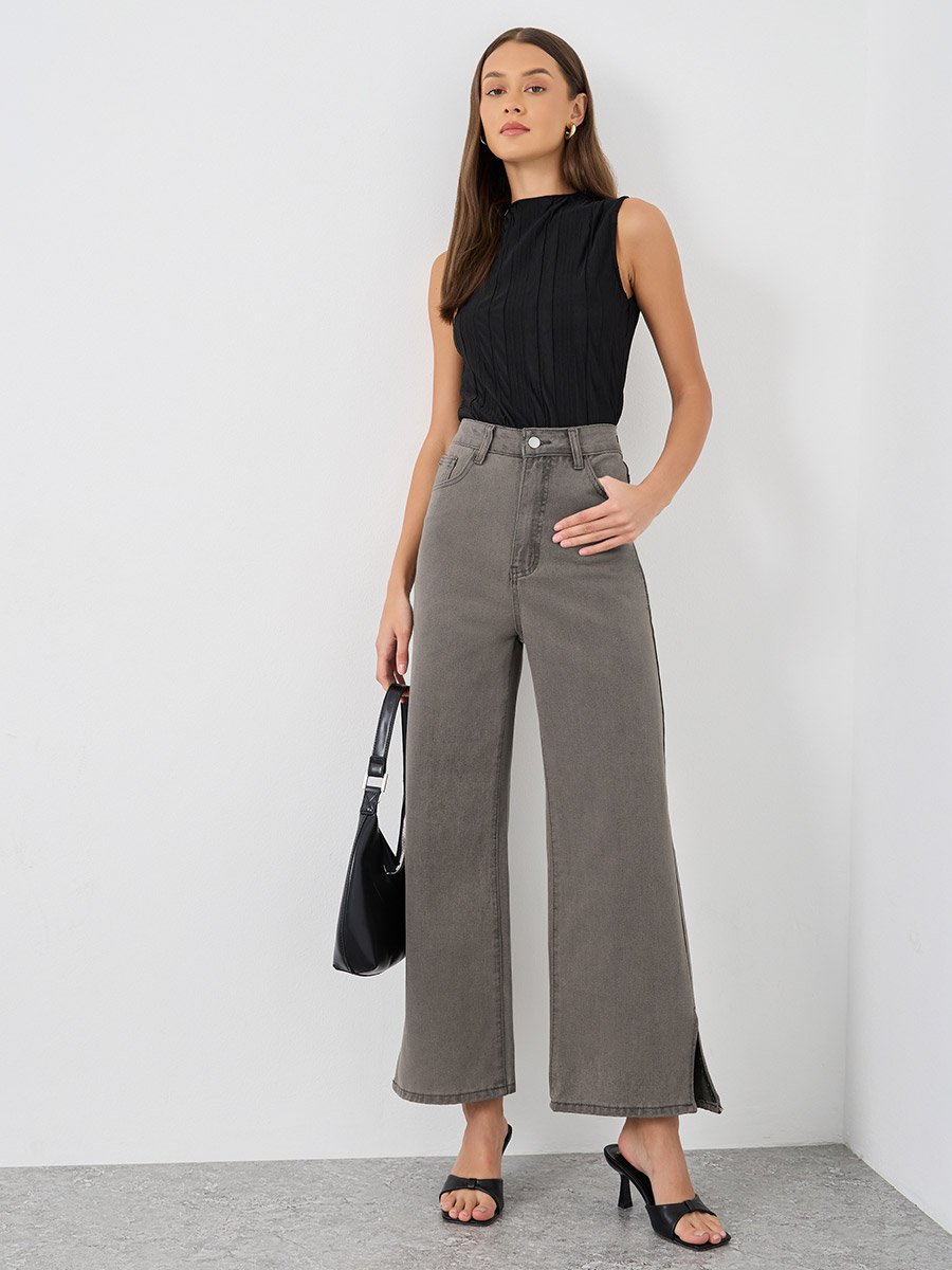 Women Grey Wide Leg Jeans with Side Slit