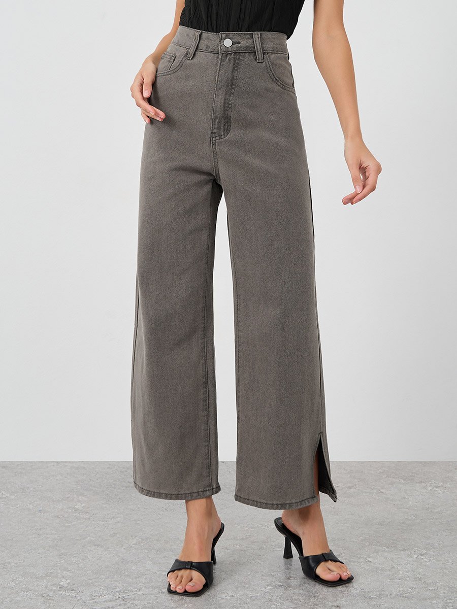 Women Grey Wide Leg Jeans with Side Slit