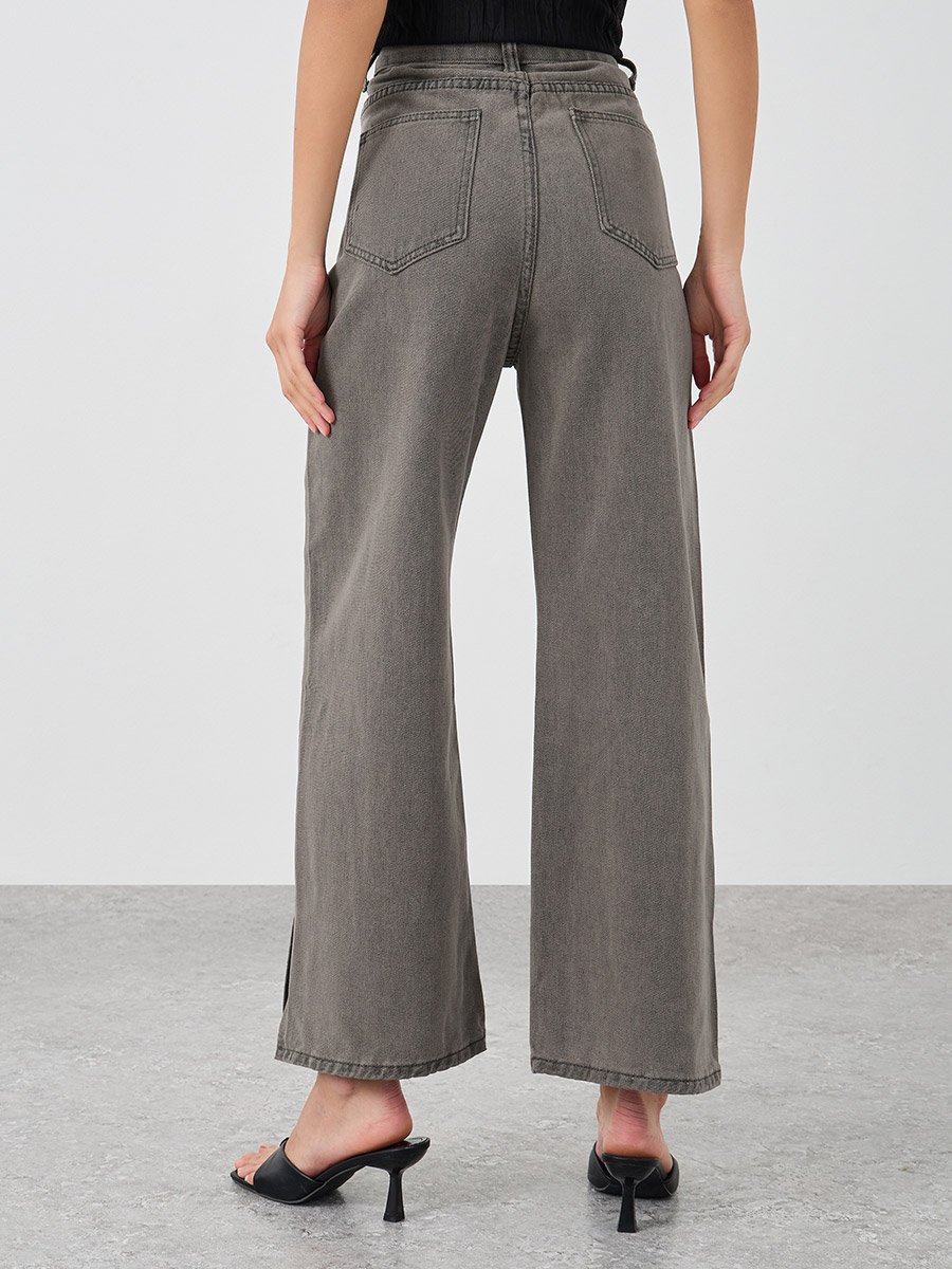 Women Grey Wide Leg Jeans with Side Slit