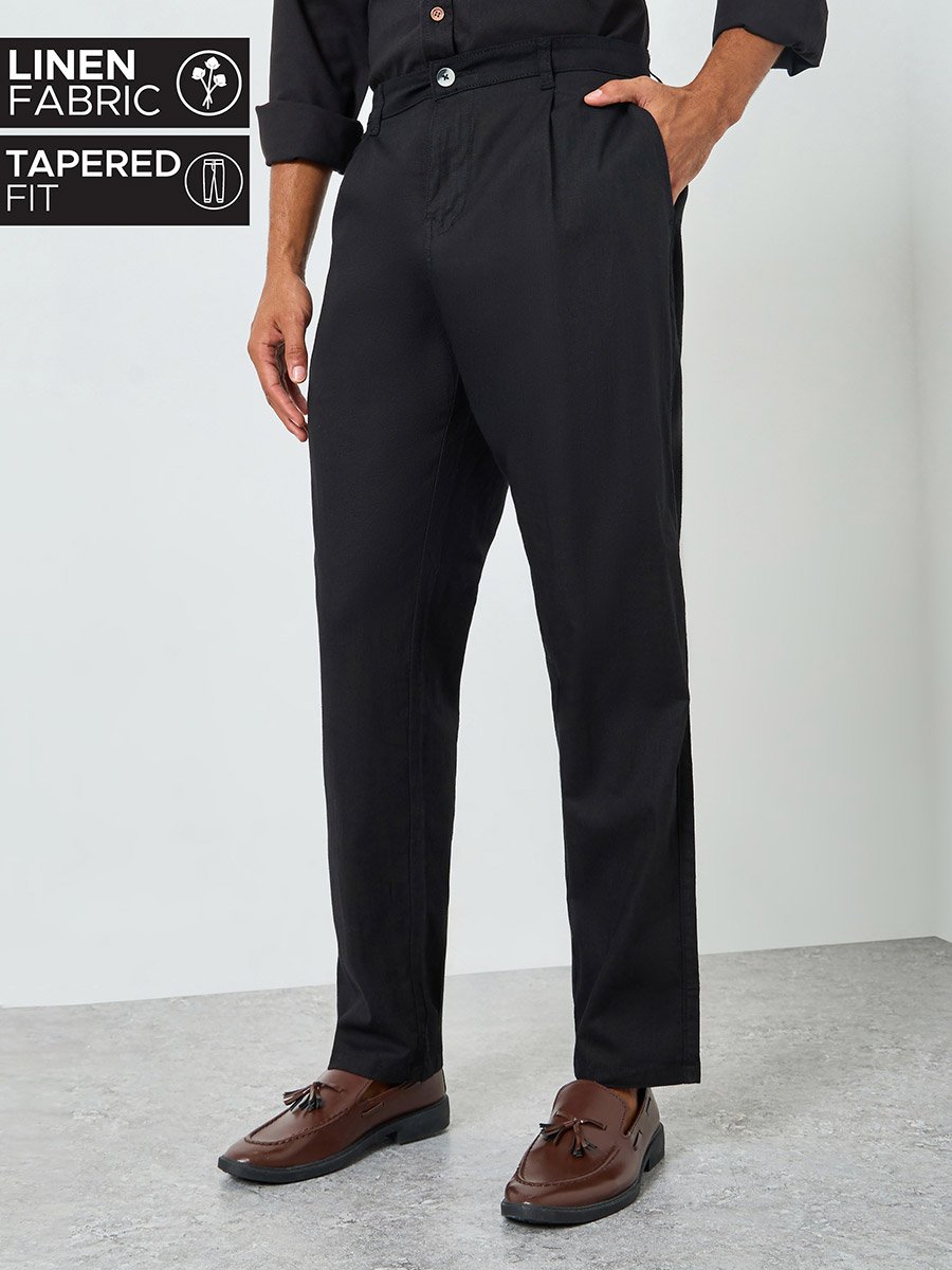 Men Black Pleated Tapered Linen Trousers