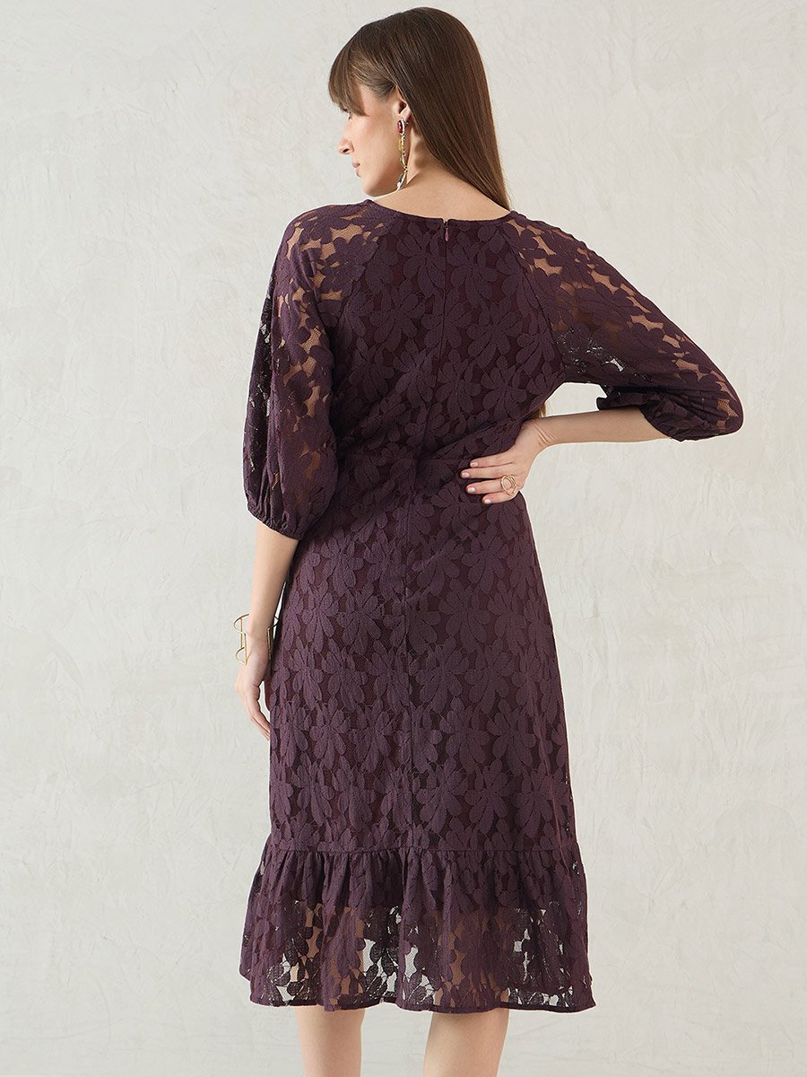 Purple Lace Wrap Front Midi Dress