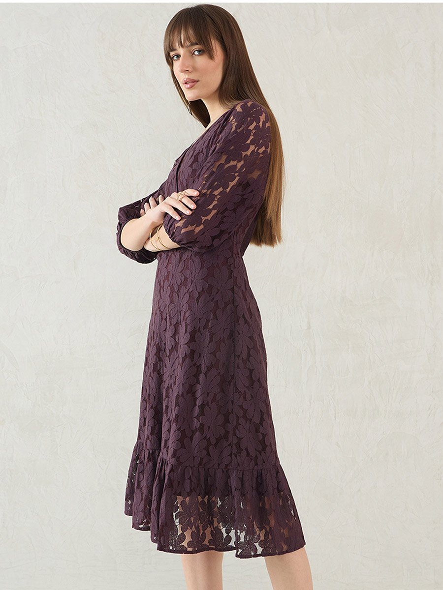 Purple Lace Wrap Front Midi Dress For Women at UAE | Styli Purple Lace Wrap Front Midi Dress For Women at UAE | Styli