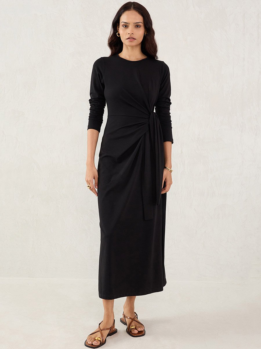 Black Solid Knit Sheath Maxi Dress with Knot Detail