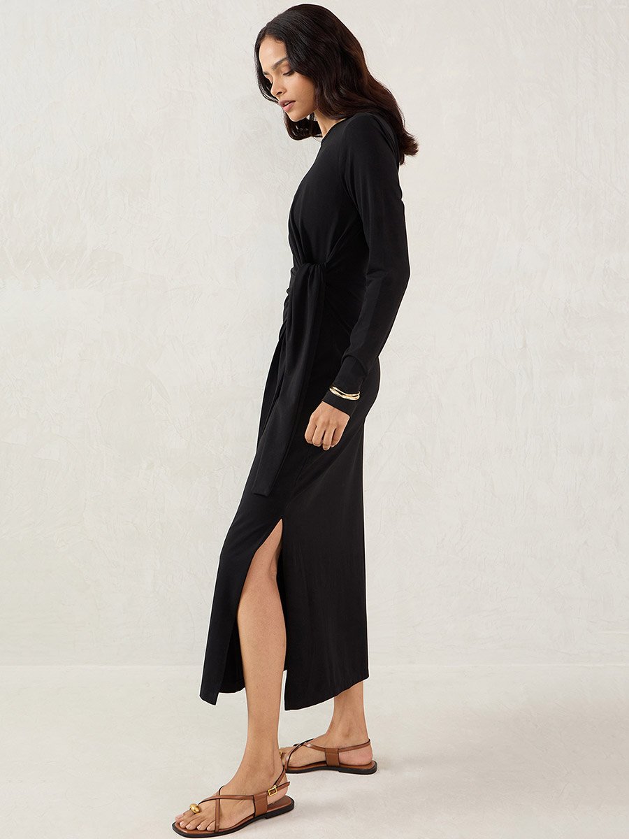 Black Solid Knit Sheath Maxi Dress with Knot Detail