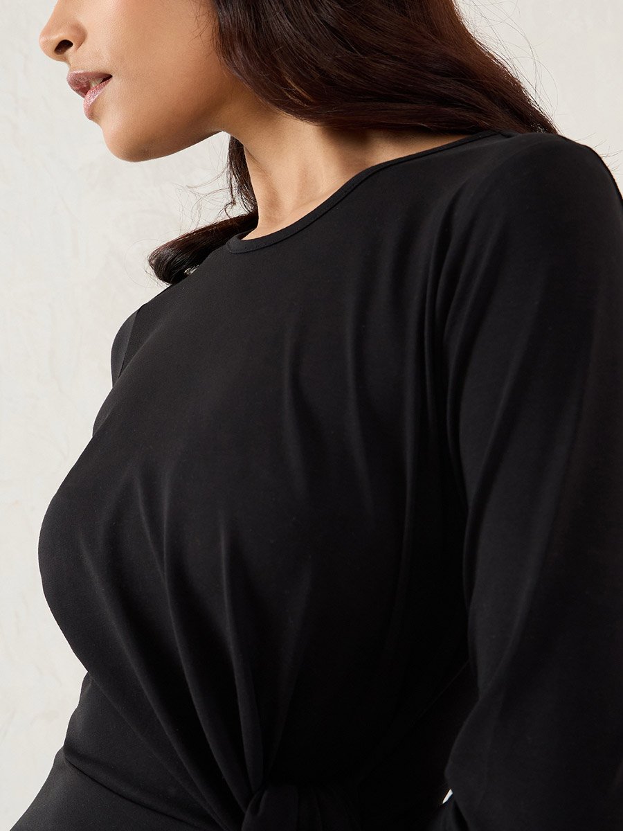 Black Solid Knit Sheath Maxi Dress with Knot Detail