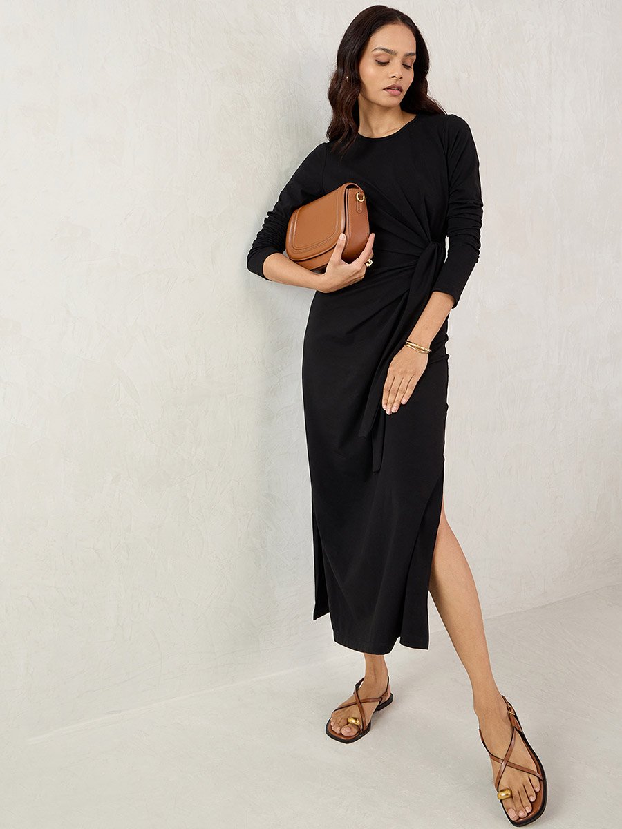 Black Solid Knit Sheath Maxi Dress with Knot Detail