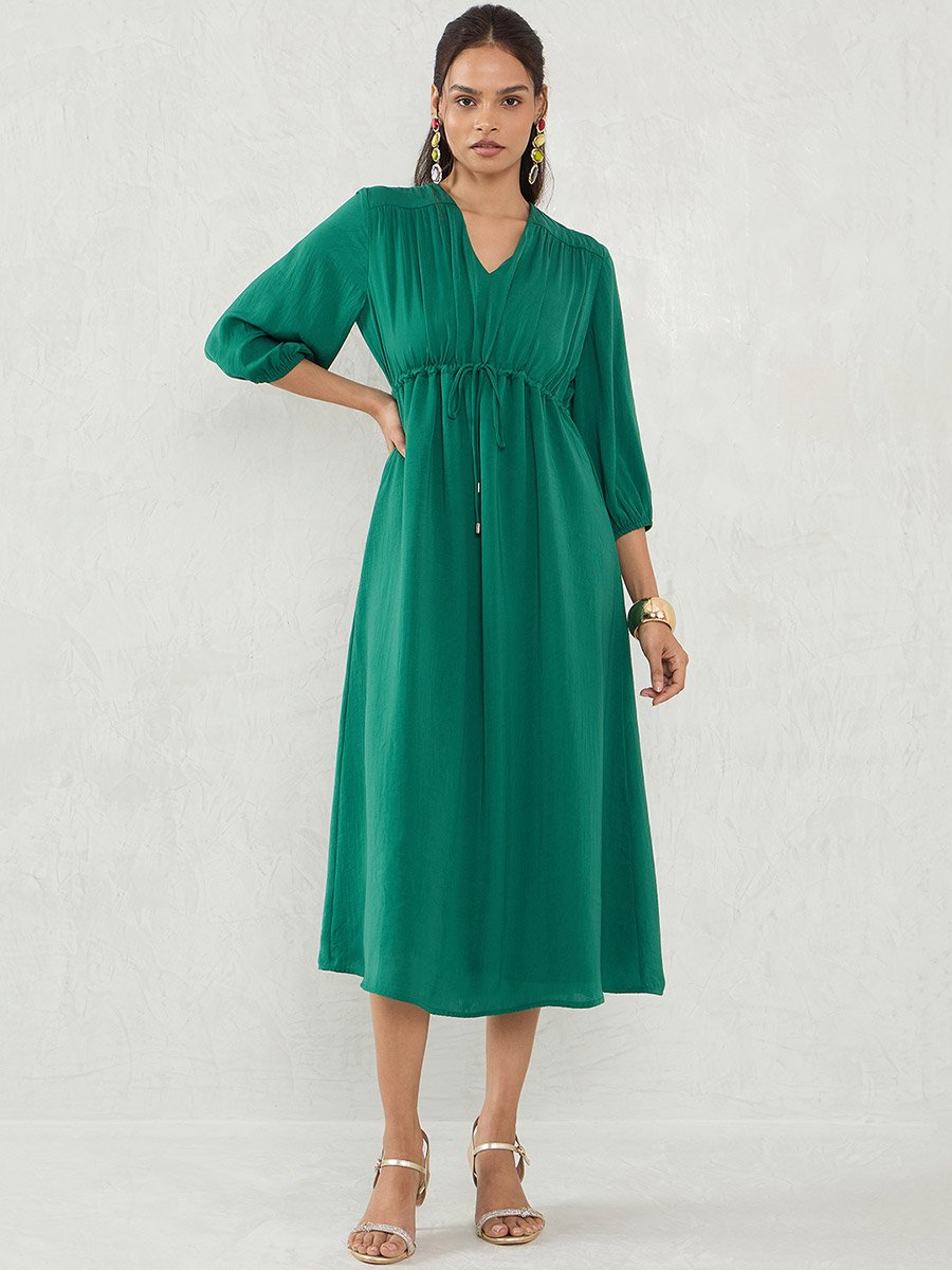 Green Solid Drawstring Waist A-Line Midi Dress