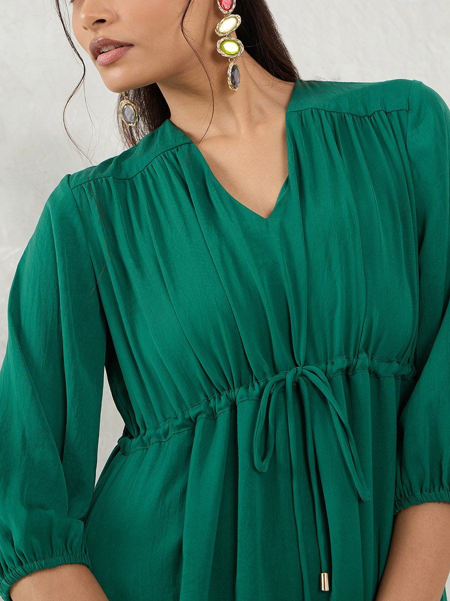 Green Solid Drawstring Waist A-Line Midi Dress