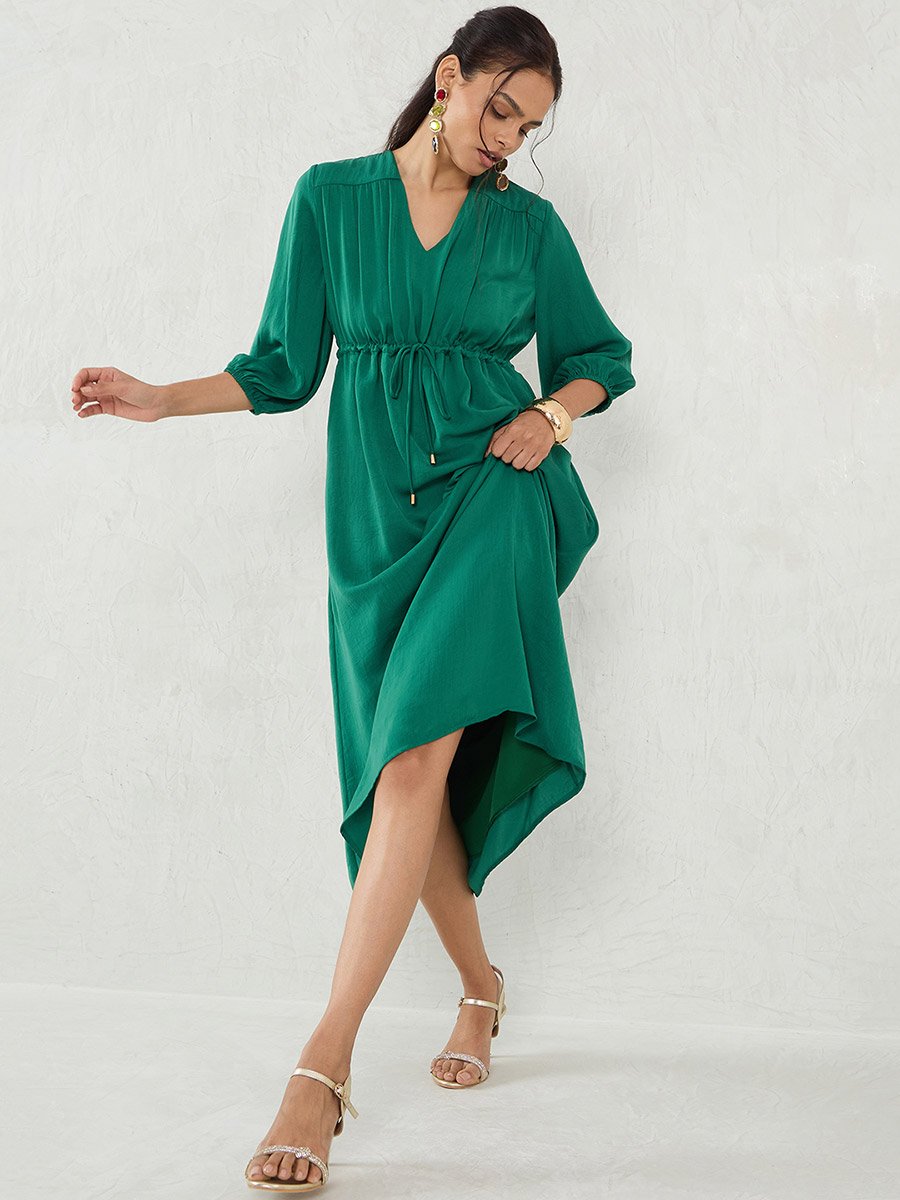 Green Solid Drawstring Waist A-Line Midi Dress