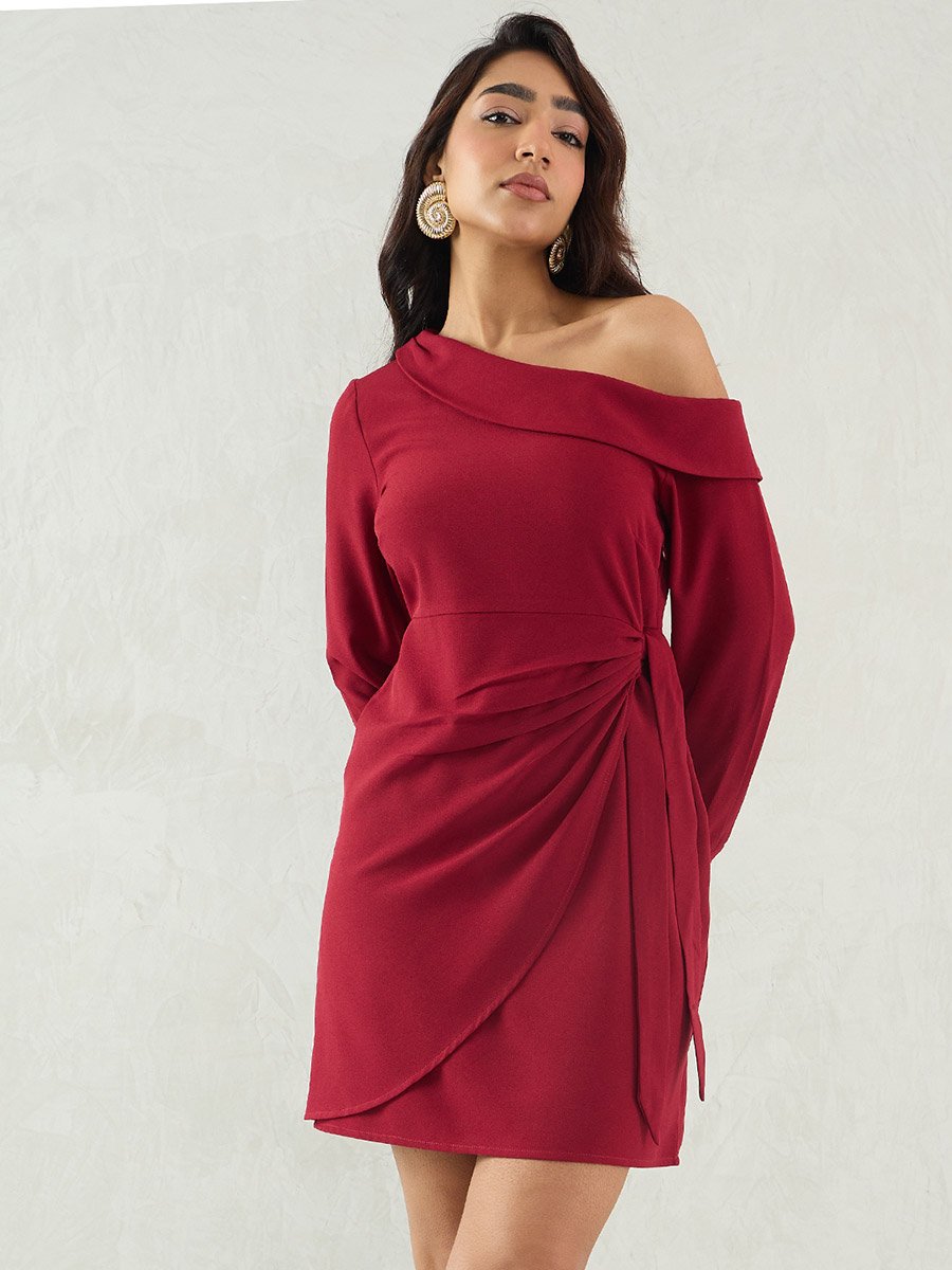 Maroon Solid One Shoulder Wrap Look A-Line Mini Dress