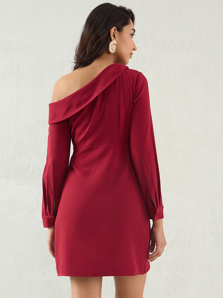 Maroon Solid One Shoulder Wrap Look A-Line Mini Dress