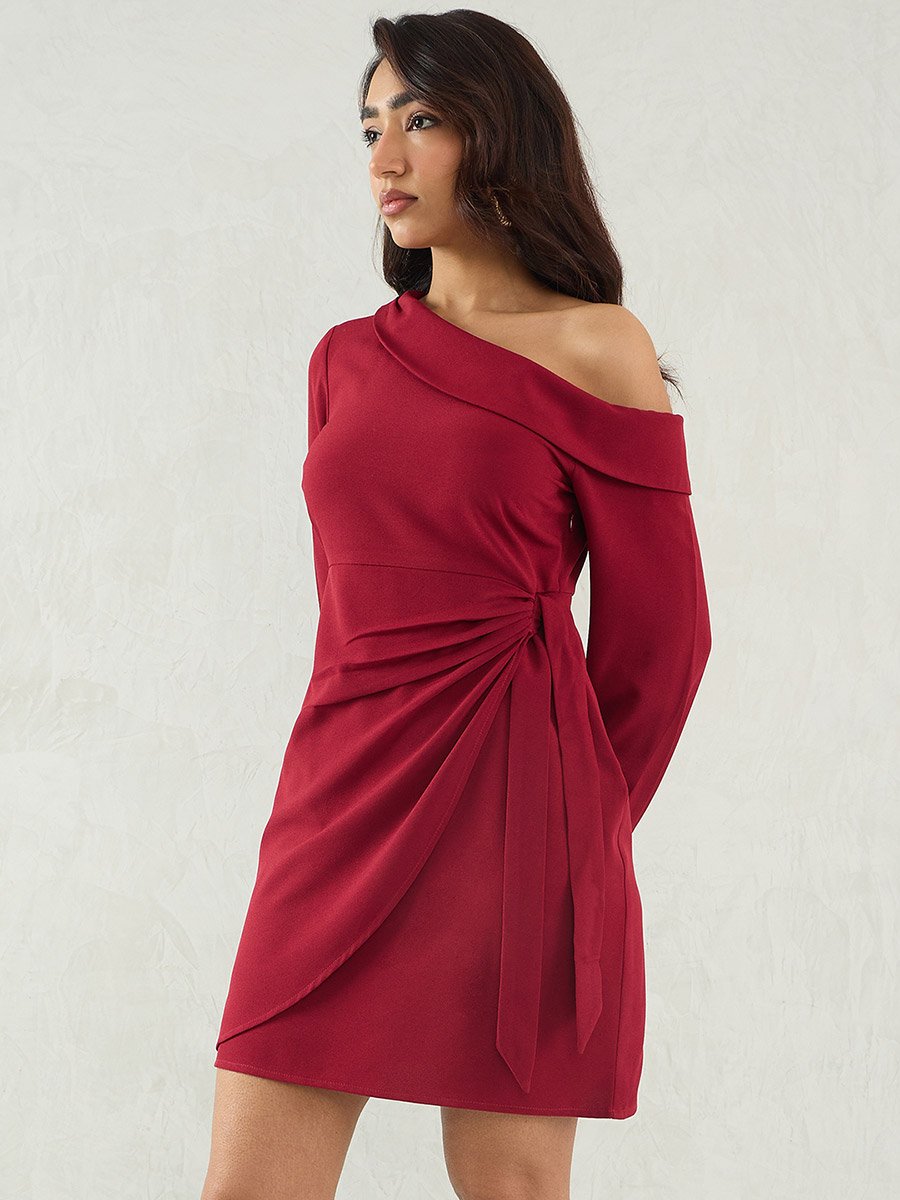 Maroon Solid One Shoulder Wrap Look A-Line Mini Dress