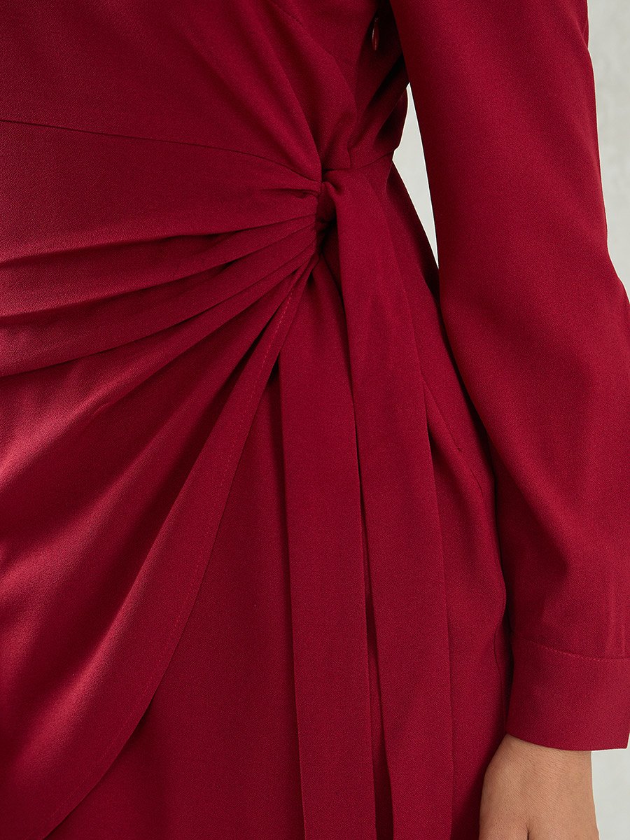 Maroon Solid One Shoulder Wrap Look A-Line Mini Dress
