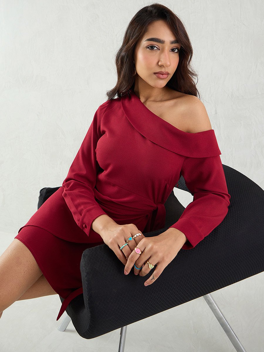 Maroon Solid One Shoulder Wrap Look A-Line Mini Dress