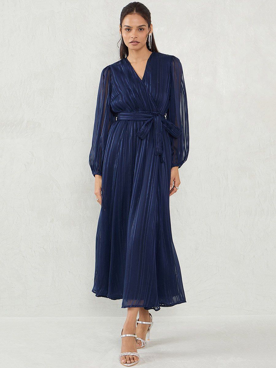 Navy Blue Lurex Wrap Look A-Line Maxi Dress with Tie Detail