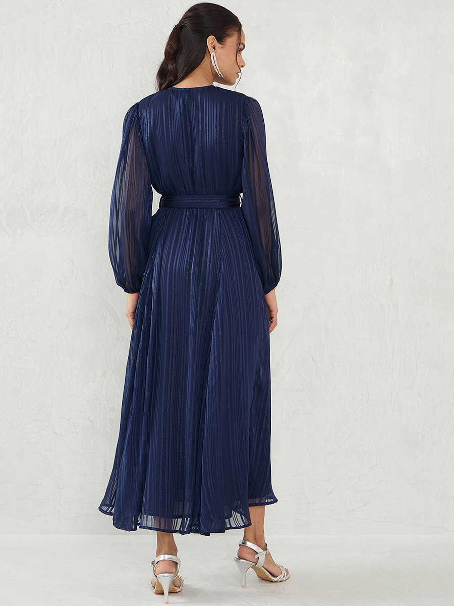 Navy Blue Lurex Wrap Look A-Line Maxi Dress with Tie Detail