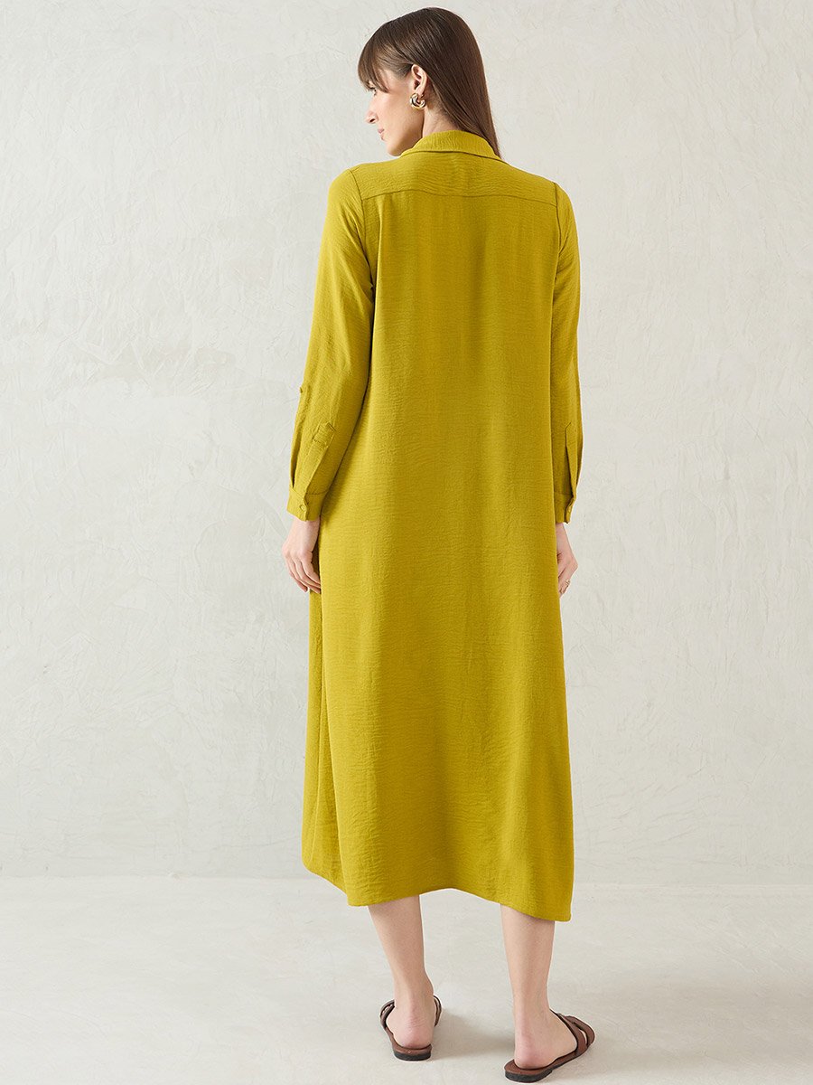 Green Solid Long Sleeve Shirt Midi Dress with Button Front