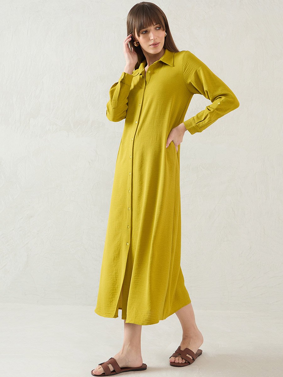 Green Solid Long Sleeve Shirt Midi Dress with Button Front