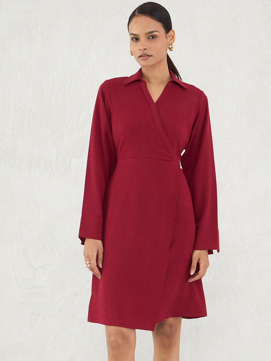 Red Solid Wrap Look A-Line Knee Length Dress