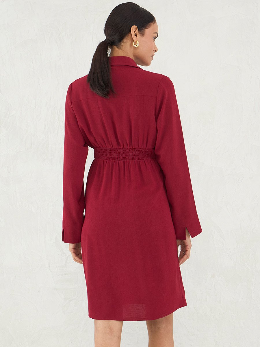 Red Solid Wrap Look A-Line Knee Length Dress