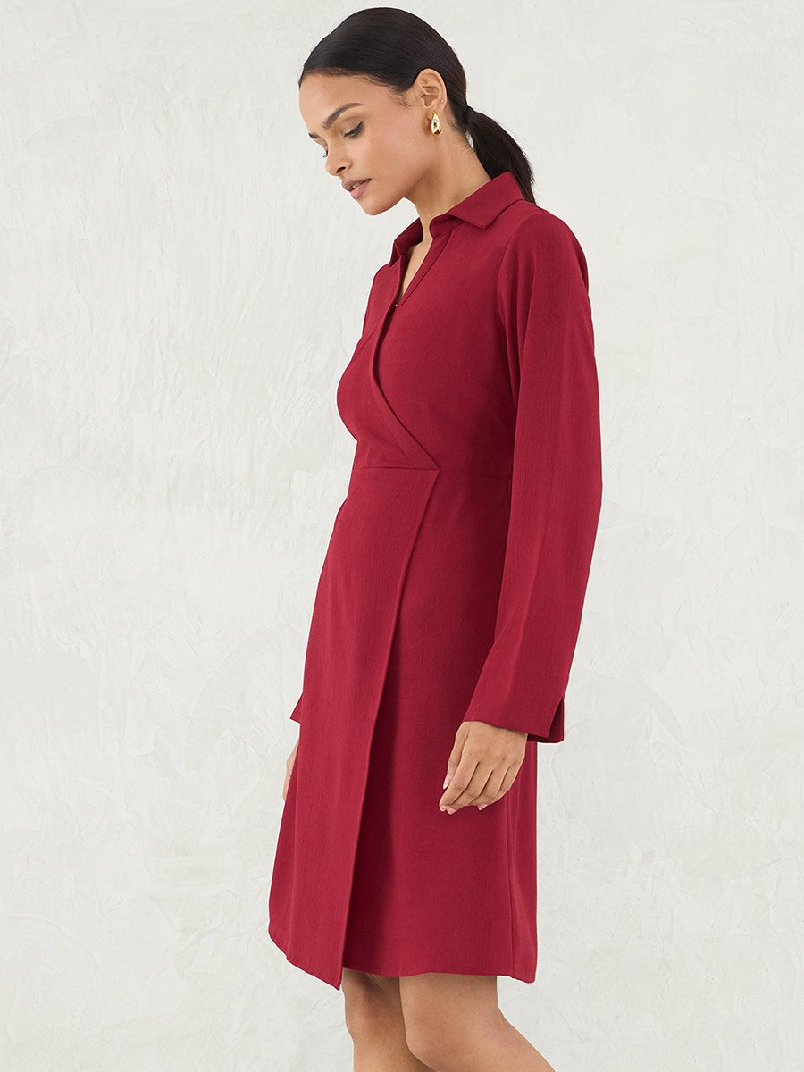 Red Solid Wrap Look A-Line Knee Length Dress