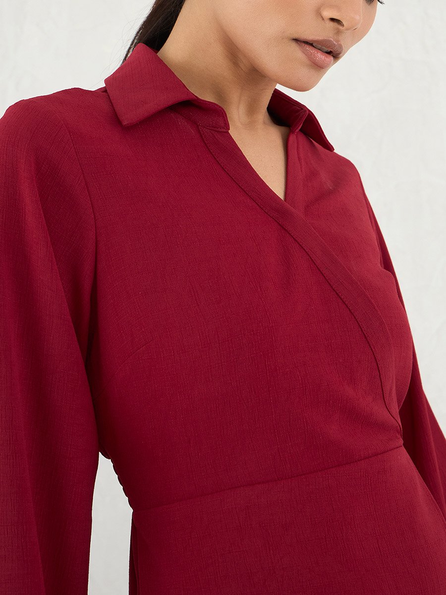 Red Solid Wrap Look A-Line Knee Length Dress